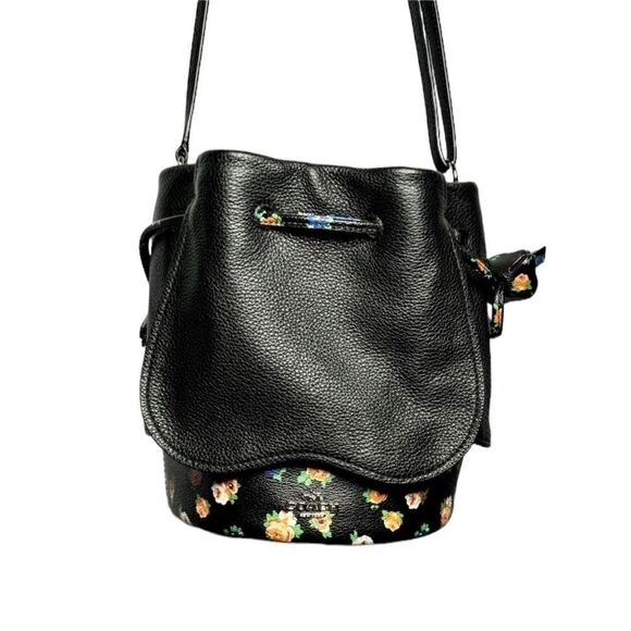 Coach black floral leather petal drawstring cinched bucket crossbody bag - Picture 1 of 12